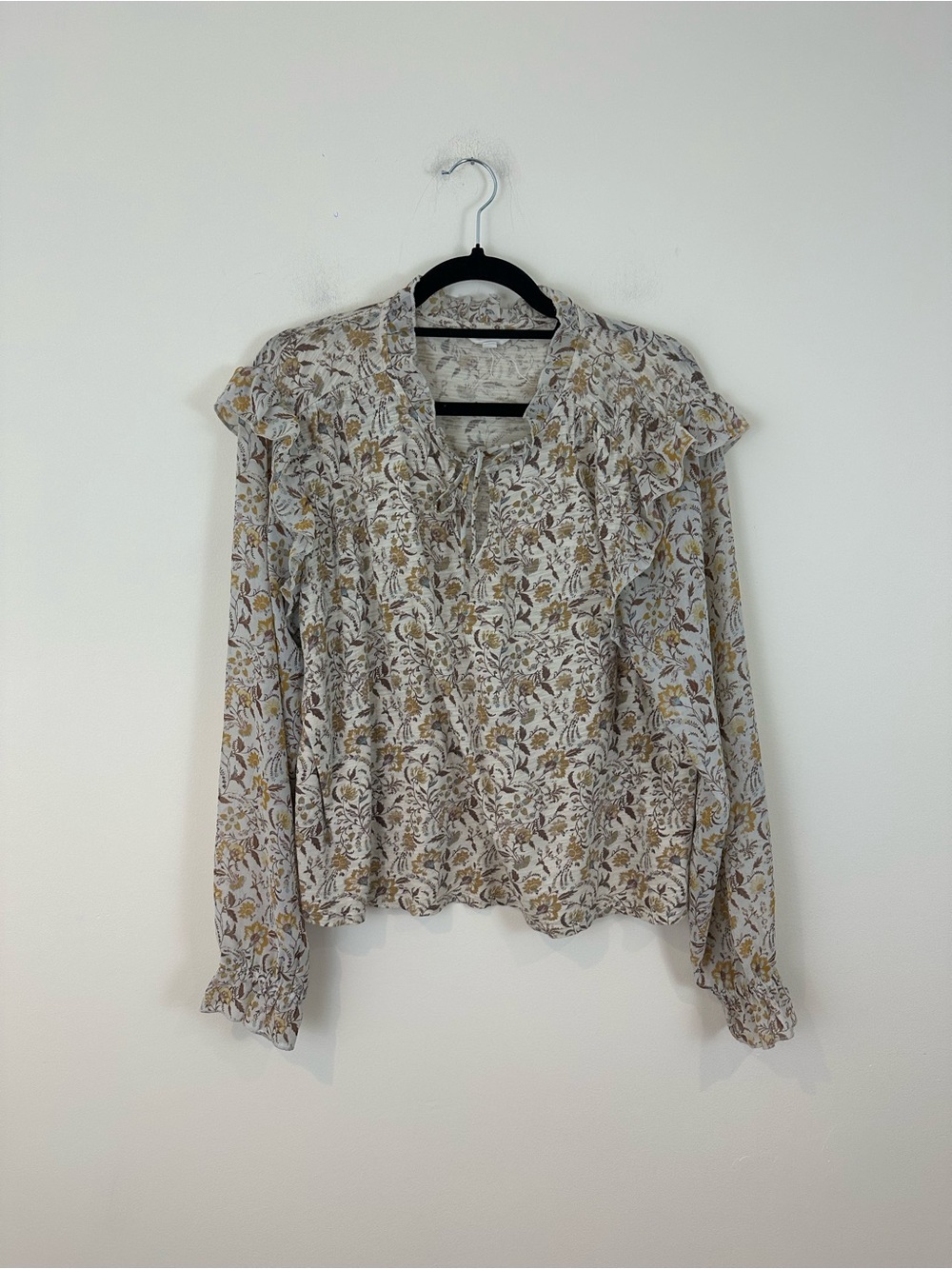 Lucky Brand Floral Ruffle Long-Sleeve Women's Top in Cream and Brown Size Large